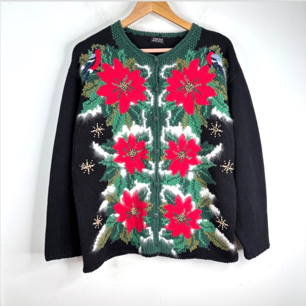 Vrikke Norwegian Irene Haugland Zahl Christmas Cardigan XL Poinsettia Embroidery